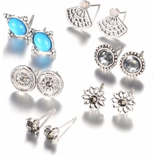 6 Pairs/set Retro Flower Earring Antique Silver Color Crystal Stud Earrings For Women Bohemia Ethnic Earring Set Jewelry