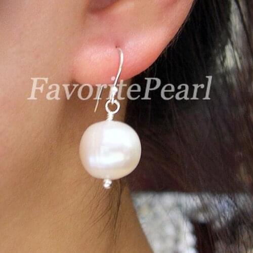 Favorite Pearl Earrings Big Size AAA 12-13MM White Natural Freshwater Pearl Silvers Dangle Earrings Hot Sale Classic Jewelry