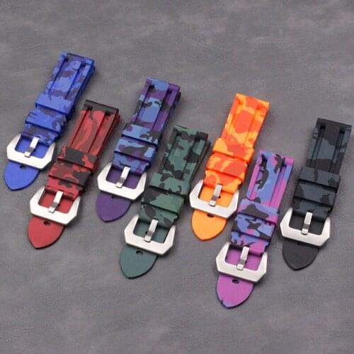 Mens Silicone Strap 24mm High Quality Camouflage for Panerai Luminor Strap Womens Waterproof Sports Rubber Strap Pin Buckle