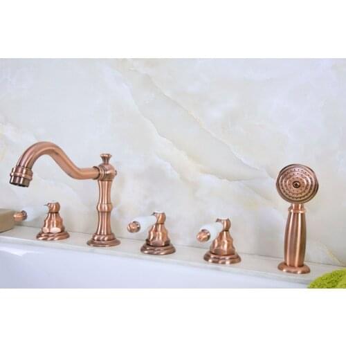 Antique Red Copper Brass Deck 5 Holes Bathtub Mixer Faucet Handheld Shower Widespread Bathroom Faucet Set Basin Water Tap atf226