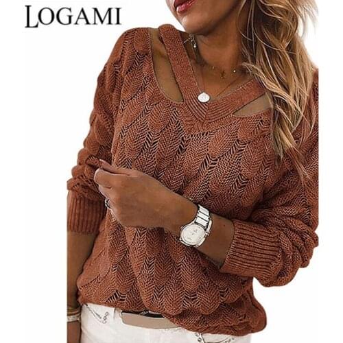 LOGAMI V-neck Off-shoulder Sweater Women Autumn and Winter Tops Hollow Out Pullover Jumper