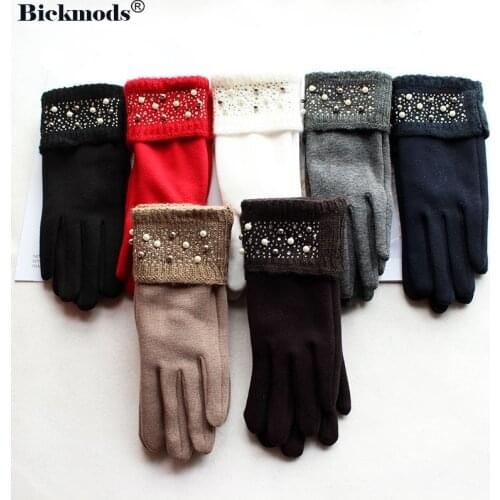 Womens cotton knitted gloves with sleeves, hot rhinestones and beads style elastic spring and autumn warmth finger gloves