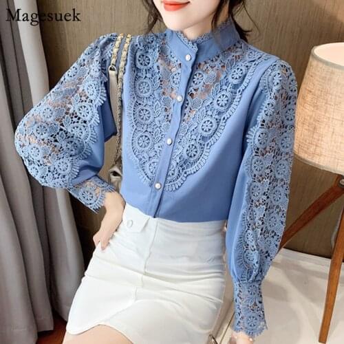 Spring Lace Shirts For Women New Korean Hollow Out White Blouse Tops Female Stand Collar Long Sleeve Blouses Women Casual 12948