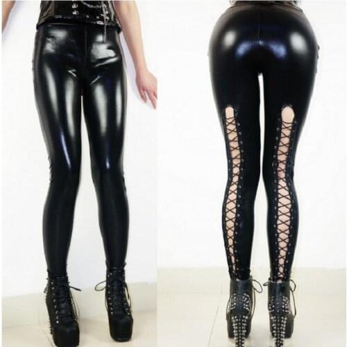 Sexy Lace Up Stretch Material Pencil Pants New Women Faux Leather Legging Fashion Black Punk Leggings
