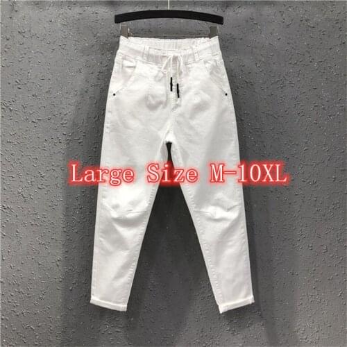10XL Plus Size Spring Summer Fashion Women White Hallem Jeans PantsLoose Casual Elastic Waist Oversized Denim Ankle-length Pants