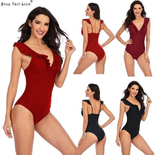 Swimsuit Set woman 2021 European and American New Bikini Solid color Fly Edge Cover Belly Thin V-neck One-piece Swimsuit Woman