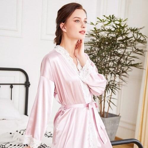 Sexy Lace morning gown female silk bathrobe Womens summer Soft And Silky Sleepwear Ladies indoor nighty Bride Wedding Robe