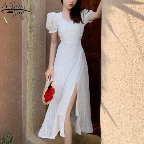 Dress Women Summer French Retro White Dress Square Collar Long Bubble Sleeve Temperament Long Dress Girl 13238