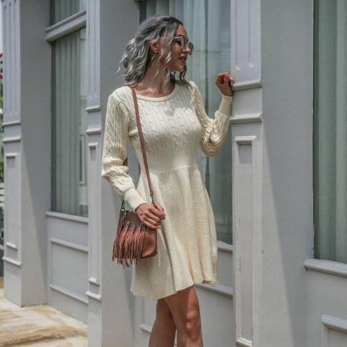 2020 new fashion sweater dress for women elegant o-neck long sleeve a-line twist knitted mini dress solid pullover vestido lady