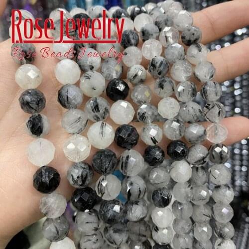 A+ Faceted Natural Black Rutilated Quartz Beads Loose Beads 6 8 10 mm Pick Size For Jewelry Making DIY Bracelets Accessories 15"