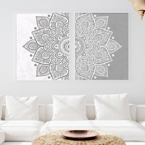 White Grey Mandala Pattern Canvas Painting Minimalist Boho Flower Pattern Wall Art Print Yoga Home Decorative Bedroom Poster