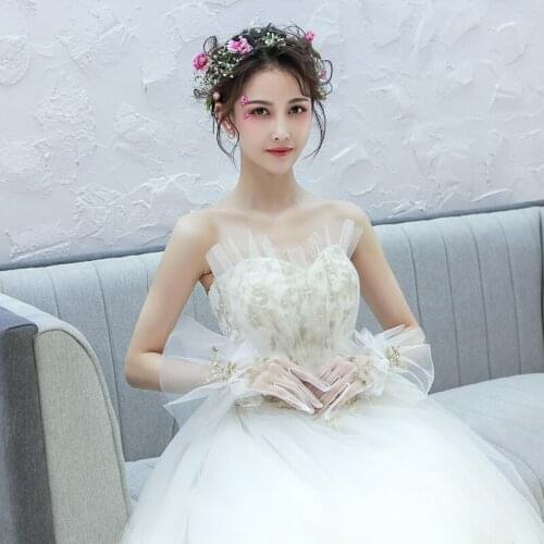 White Appliques Bridal Wedding Gloves Cheap in Stock Sheer Five Finger Tulle Wedding Glove