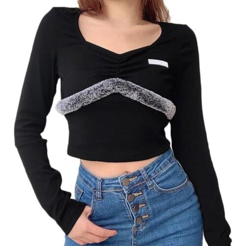 Blouse Long Sleeve Slim T-shirt Women Plush Patchwork Crop Top for Autumn