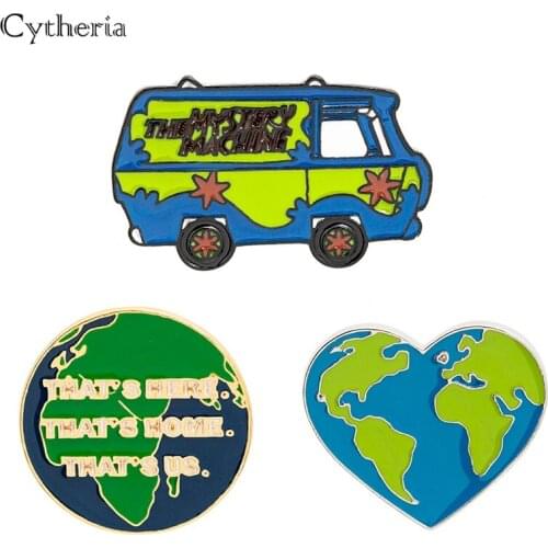 Wanderlust Global World Map Enamel Pin Blue Green Tour Bus Heart Earth Travel Adventure Theme Collar Pins Outdoor Badges