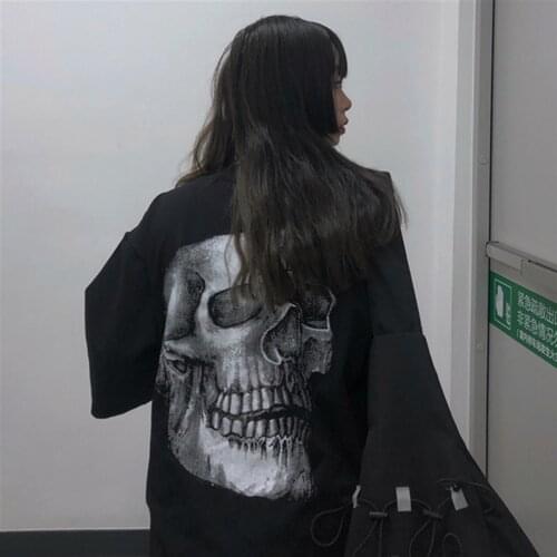 Summer T-shirt casual skull print O-neck stripe Harajuku loose T-shirt female long sleeve oversized top hip hop street clothing