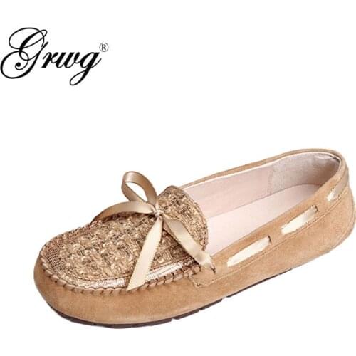 GRWG Top Quality women Moccasins Spring Summer 100% Genuine Leather women Flat Shoes Casual Loafers Slip On Driving shoes