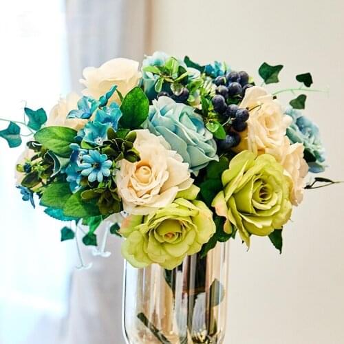 GY European Style Raw Silk Flower Artificial Flower Ruyi Blue Rose Tea Table Overall Floriculture and Fake Flower Decorations