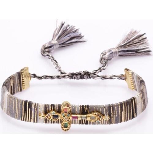 Christian religious cross mix cz crystal pave gold charm beads bohemia silk wristband adjustable bracelet for woman gift for her