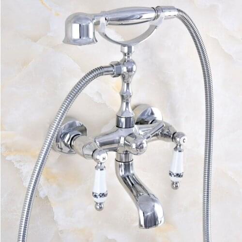 Chrome Brass Wall Mounted Bathroom Tub Faucet Set with 1.5M Handheld Shower Spray Head Bath Mixer Tap 2tf867