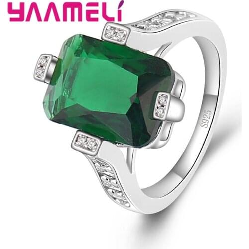 Classical Hard Rectangle Green Cubic Zirconia Women Men Finger Rings Solid 925 Sterling Silver Crystal Jewelry Wholesale