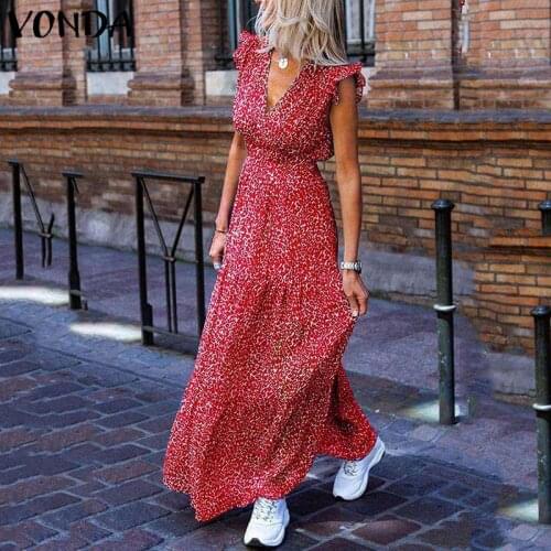 Summer Floral Printed Long Maxi Dress VONDA 2021 Bohemian Sexy V Neck Sleeveless Vintage Dresses Plus Size Beach Holiday Vestido