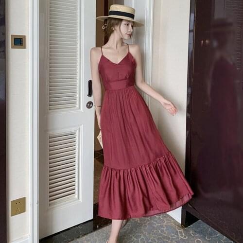 Fashion Summer Korean Vintage Sexy Strap Midi Party Club Dress Ladies Robe Elegant Casual Backless Ruffle Beach Vacation Dress
