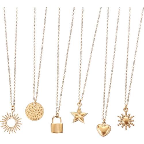 Trendy stainless real gold Plated necklace Sun Heart Lock round piece pendent necklace woman necklaces jewellery for women