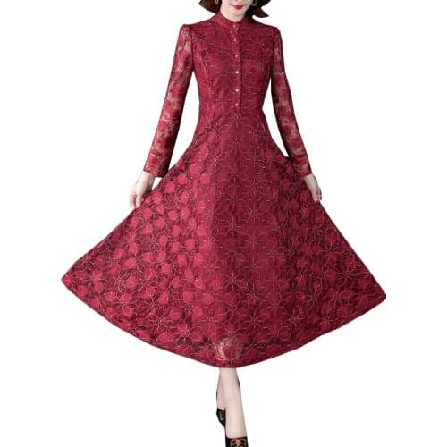 Autumn Retro Women Dresses Lace Floral Long Sleeve Tight Waist A-line Party Midi Dress Tight Waist Party Dress Women FC662