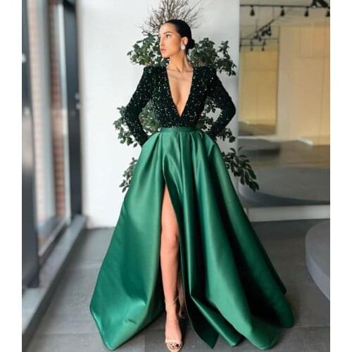 Sexy Deep V Neck Dark Green Evening Dresses Long Sleeves Sequin Top Satin A Line Split Prom Gowns For Women Dinner Dress