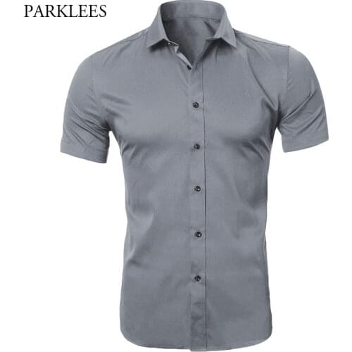 Gray Elastic Bamboo Fiber Shirt Men Brand Summer Short Sleeve Mens Dress Shirts Non Iron Easy Care Business Work Chemise Homme