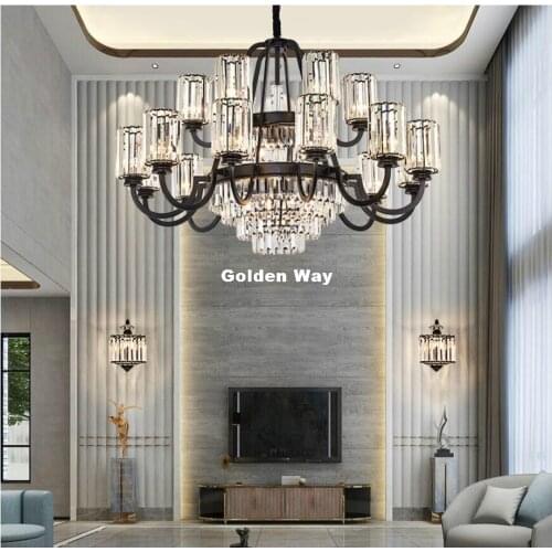 Nordic Black Iron & Crystal Chandelier Lighting Decora Retro E14 LED Chandeliers Pendant Lamp Hanging Light for Home Decoration