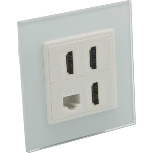 EU Standard 1 Gang 80 Style 3 Ports HDMI V2.0 1 Port CAT6 RJ45 Female To Female Wall Plate With Toughened Crystal Glass Panel