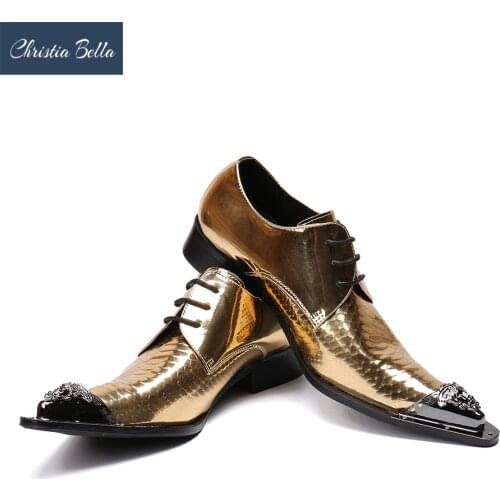Christia Bella Gold Cool Desinger Oxford Shoes For Men Italian Formal Ballroom Dress Footwear New Male Patent Leather Flats Shoe