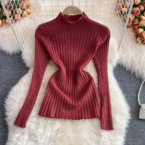 Vintage Womens Sweater Solid Color Stand Collar Long Sleeve Knit Pullover Tops Female 2021 Fashion Tide Jumpers