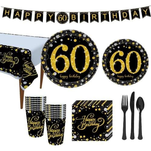 Taoup 60 Disposable Tableware Towel Plate Tablecover Cups Disposable Party Tableware 60th Birthday Party Decors for Grandparent
