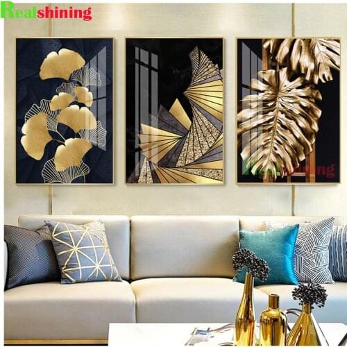 Triptych 3 piece DIY diamond embroidery Nordic Golden Plant Leaf Diamond painting full square round drill,home decor gift N1556