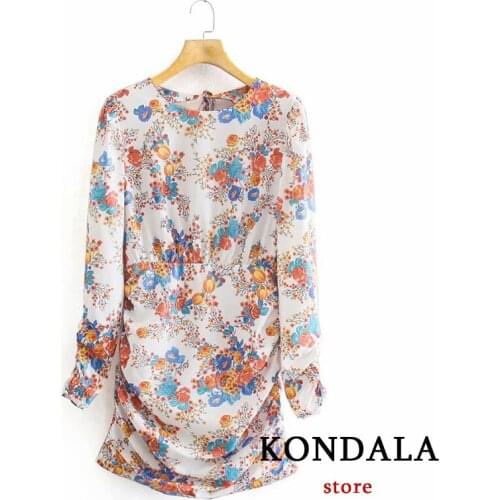 KONDALA Za Vintage Stylish Women Pleated Dress Flower Print Backless Sexy Drapped Dresses Long Sleeve Summer 2021 Stain Vestidos