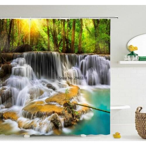 Waterfall Bathroom Shower Curtain Waterproof Polyester Forest Tree Scenery Bathroom Curtain Printing Shower Curtain Bath Screen