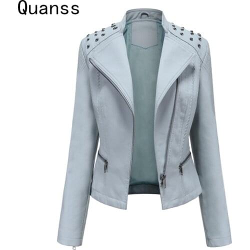 Quanss 2021 Winter Female Pu Faux Leather Jacket Zipper Rivet Fashion Motorcycle Outwear Coats And Jackets Women Spring Autumn