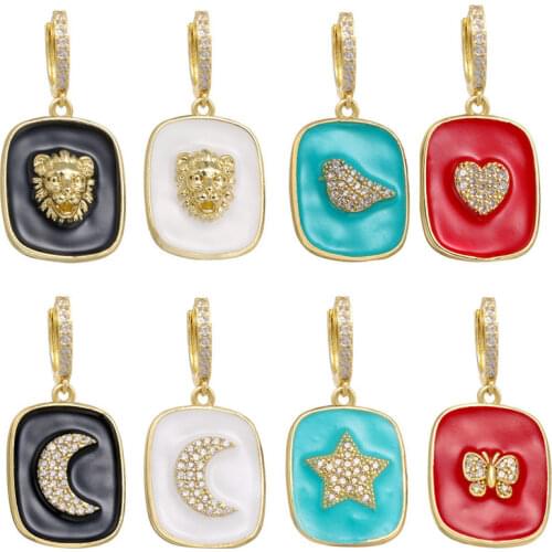 1 piece Enamel Hoop Earrings for Women Gold Color Star Moon Bird Lion Butterfly Earring CZ Jewelry Black Red Drop Indian Fashion