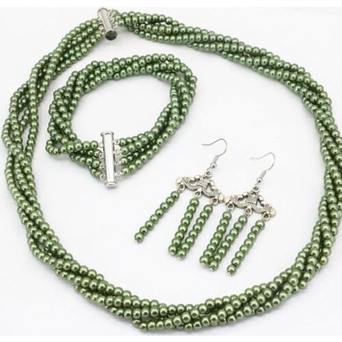 Charms women 5 color 4mm shell round beads necklace bracelet earrings jewelry set simulated-pearl beads 4 rows jewelry 18" B3458