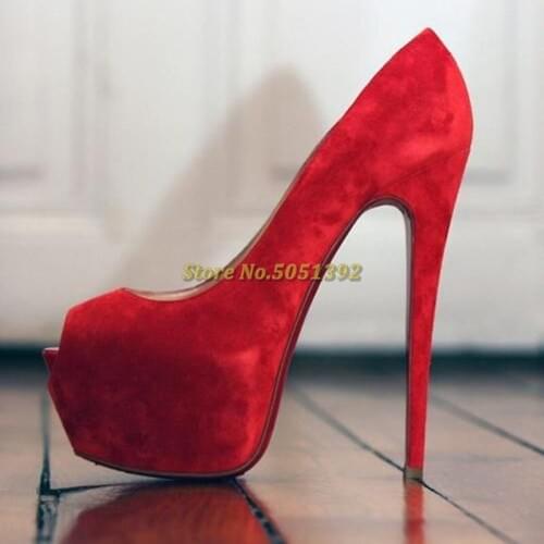 Suede Peep Toe Platform High Heels Thin High Heel Dress Women Runway Ladies Shoes Slip On Solid Red Black Pump Ladies Shoes