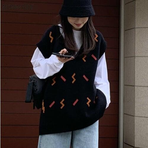 Sweater Vest Women Print V-Neck Loose Autumn All-match Preppy Style Streetwear Knitting Ulzzang Stylish Casual Feminino Clothing