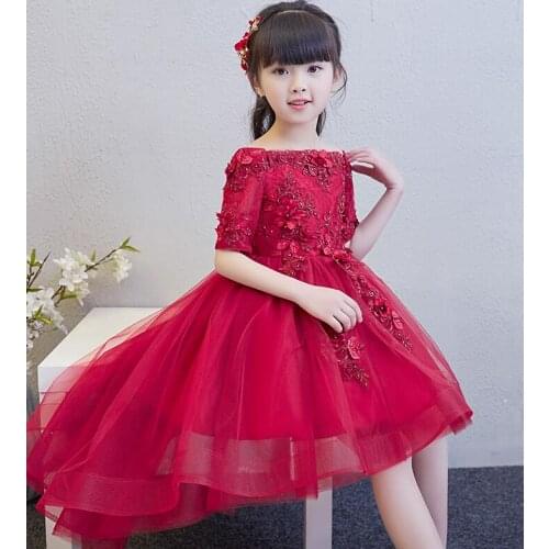 2018 Red Lace Flower Girl Princess Dress Birthday Party Wedding Appliques Ball Gown Strapless Formal Girls First Communion Dress