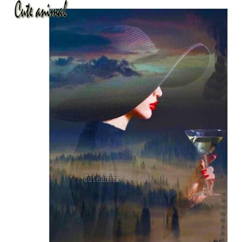 5D Diamond Painting Abstract Girl Full Round Square Diamond Embroidery Forest Hat Woman Mosaic Handmade Picture Of Rhinestones