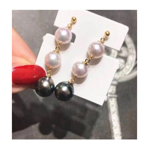 Free shipping>>>>noble jewelry charming pair of south sea round white black multicolor pearl earring 14k