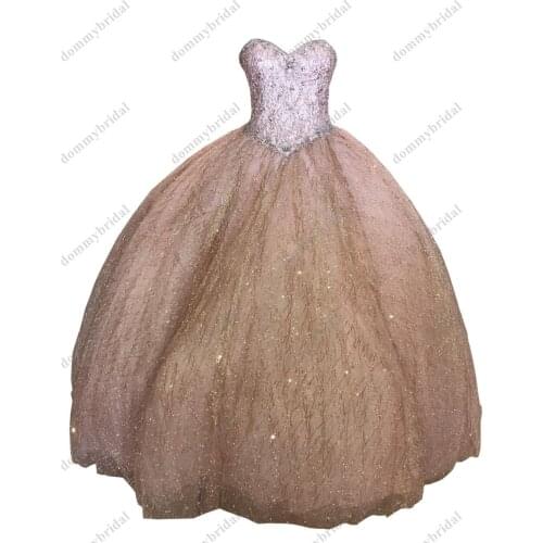 Sparkly Rose Gold Ball Gown for Women Girls Sweet 15 16 Party Formal Dress Quinceanera Pearls Sweetheart Corset Back Crystal
