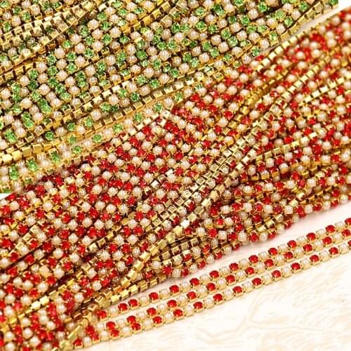 Golden Bottom Pearl & Glass Stone Shining Crystals Flatback Sew on Chains,Needlwork Bag Wedding Decoration Rhinestones Ribbon