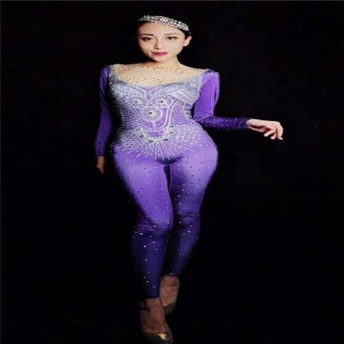 D97 Purple female bodysuit dj singer jumpsuit party outfits bar Rhinestone dresses bar diamonds pants perform costume dance show