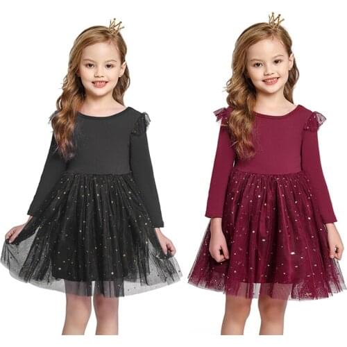 Girls Star Sequins Princess Dress Kids Long Sleeve Party Birthday Vestidos Baby Girls Children Dresses Black and Red Clothing